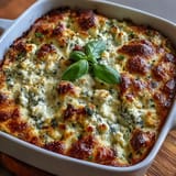 Freshly baked High Protein Spinach Artichoke Bake served with a green salad.