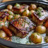 The Crockpot Ranch Pork Chops sit in a slow cooker with golden seared meat and rich gravy.