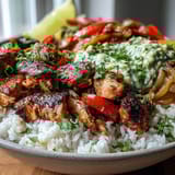 A finished Sheet Pan Chicken Tinga Bowl with fluffy rice, charred chicken, and a chunky avocado salsa topped with lime.