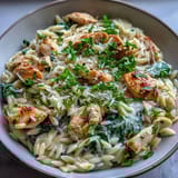 A comforting one-pan meal featuring juicy chicken, silky orzo, and vibrant spinach, all brought together with fresh lemon zest and Parmesan.