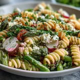 Colorful spring pasta salad with lemon vinaigrette and radishes, featuring fresh asparagus, sugar snap peas, and baby spinach.