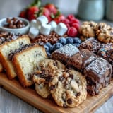 Vibrant dessert platter with assorted cakes, cookies, and chocolate-covered pretzels, ideal for sharing at grad parties.
