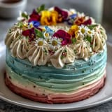 Delicate spring cake with pastel ombre layers and fresh edible flowers, perfect for elegant gatherings and festive occasions.