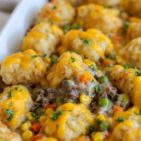 A close-up of baked Tater Tot Casserole, featuring melted cheddar cheese and a hearty beef mixture bubbling beneath. 