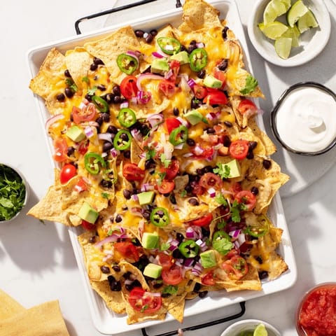 Fresh diced tomatoes and onions garnish these nachos after baking for a festive party snack.