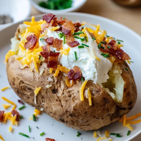 A close-up of a Loaded Baked Potato with fluffy interior, buttery ridges, and steaming toppings ready to be enjoyed hot.