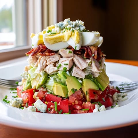 Classic American Cobb Salad arranged on a platter with diced tomatoes, egg quarters, and bacon crumbles beside a small bowl of vinaigrette.