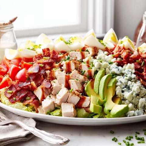 Freshly made Cobb Salad with grilled chicken, smoky bacon, and creamy avocado on crisp lettuce, topped with blue cheese and hard-boiled eggs.