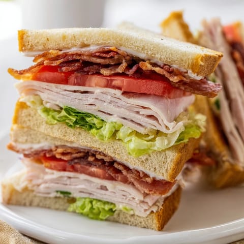 An open-faced Turkey Club Sandwich on a plate, highlighting crispy bacon and fresh tomato slices next to a side of potato chips.