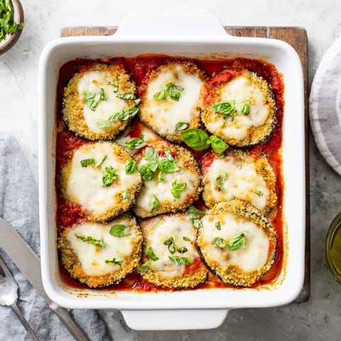 Layers of baked Eggplant Parmesan feature crunchy breaded slices, bubbling cheese, and fresh basil garnish.
