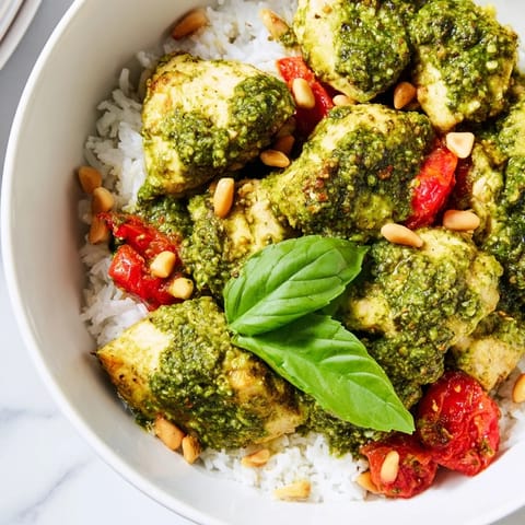 A close-up view shows tender chicken tossed in vibrant basil pesto over fluffy rice, with bright red tomato chunks and a sprinkle of pine nuts.