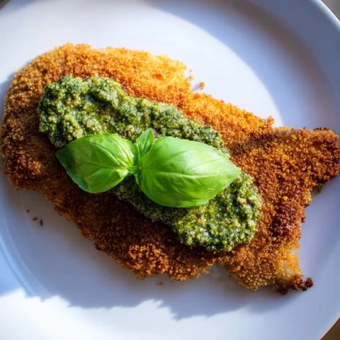 Sizzling Crispy Pesto Chicken Cutlets frying in a skillet, with golden Parmesan crumbs and herbs.  