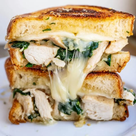 Savory Grilled Chicken Spinach Panini with garlic butter, fresh spinach, and melted cheese.  
