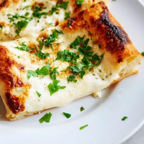 A close-up of creamy garlic white pizza showing a crisp crust and melted, golden cheese topping.  