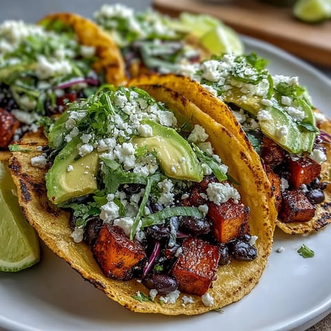 Delicious Black Bean and Sweet Potato Tacos, ready to be devoured with lime wedges.