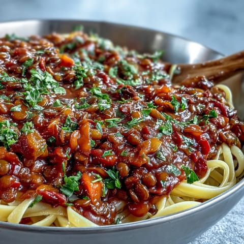 Hearty Lentil Bolognese bubbling in a pot, ready to serve over spaghetti.