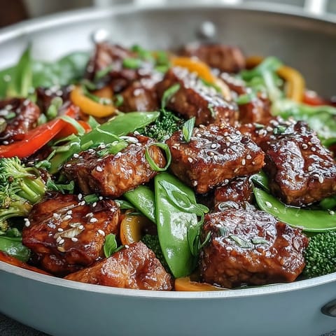 A vibrant close-up of nutty tempeh and crisp veggies in a glossy sauce.