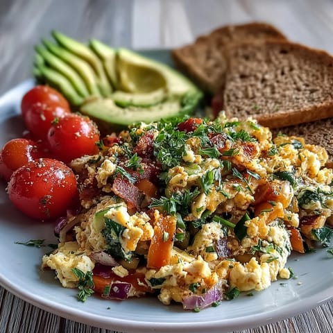 Bright, colorful egg and vegetable scramble, a healthy, hearty breakfast option.