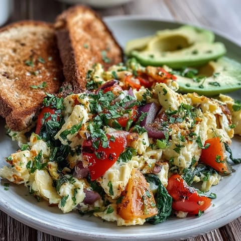 Fluffy egg and vegetable scramble with vibrant, sautéed garden vegetables.