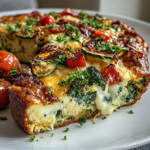 Colorful vegetable frittata with melted cheese, baked golden brown for brunch.