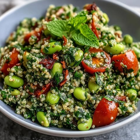 Vibrant edamame and quinoa salad with fresh vegetables, dressed in citrus.