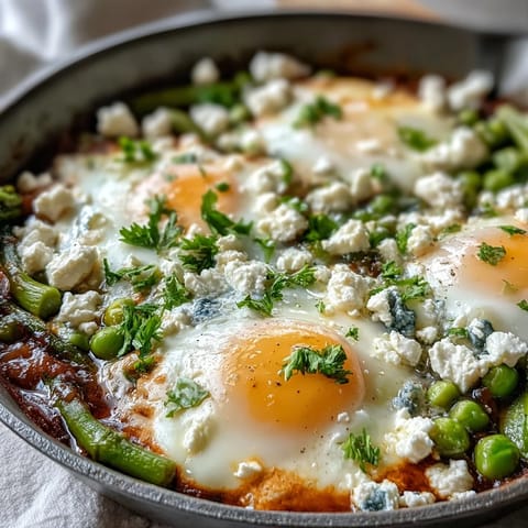 A close-up of Pea and Broad Bean Shakshuka, featuring vibrant green vegetables and poached eggs in a spicy tomato sauce.