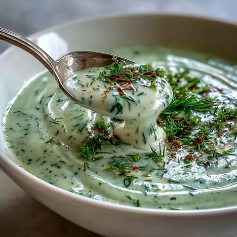 Silky smooth Creamy Celery and Herb Soup swirled with cream, garnished with fresh parsley and chives.