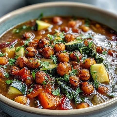 Bowl of hearty Spiced Chickpea and Vegetable Soup with wilted kale and diced carrots, ready to serve on a cozy table.