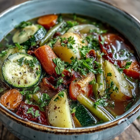 Potato and Vegetable Soup served in a white ceramic bowl, garnished with fresh parsley and a ladle resting beside it on a cozy wooden table.