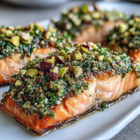 Golden confit salmon fillets on a plate with a vibrant green tahini, pistachio, and herb crust, garnished with fresh dill.