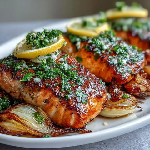 Golden-brown roasted salmon fillets with caramelized leeks and red onion wedges, drizzled with bright green parsley dressing on a rustic white platter.