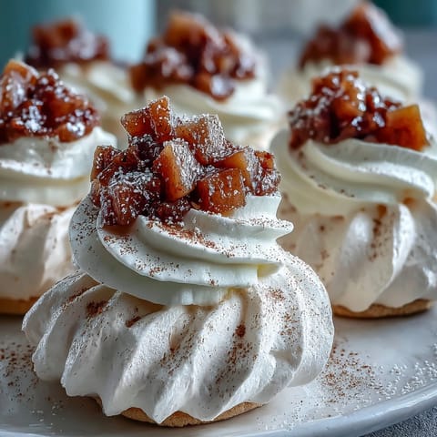Fragrant Mini Hot Toddy Pavlovas feature crisp meringue nests topped with whisky-spiked pears and soft whipped cream.