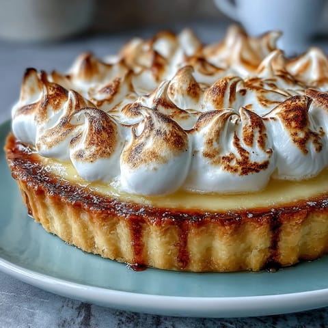 Freshly baked Lemon Meringue Pie sits on a rustic wooden table, featuring a golden-brown meringue with high peaks and a bright yellow lemon filling.