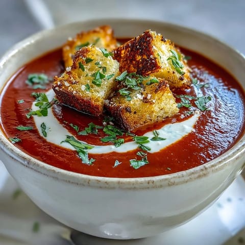 Silky roasted red pepper soup in a white bowl, topped with golden, crunchy croutons and fresh herbs.