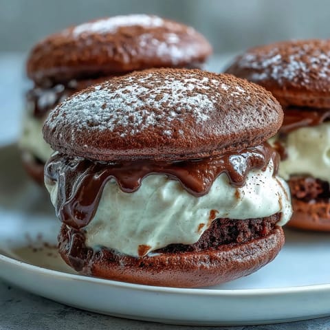Two soft chocolate Tiramisu Whoopie Pies are stacked on a plate next to a steaming cup of espresso.