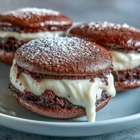 Freshly baked Tiramisu Whoopie Pies are dusted with cocoa powder and filled with a rich, creamy coffee mascarpone filling.