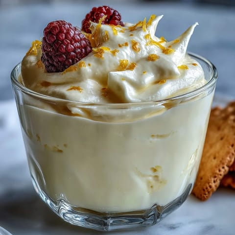 Layered Lemon Fool dessert in a stemmed glass, topped with fresh berries and powdered sugar for a sweet, tangy finish.