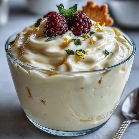 Bright lemon zest garnishes this chilled Lemon Fool in a glass, with creamy layers and a buttery shortbread cookie on the side.