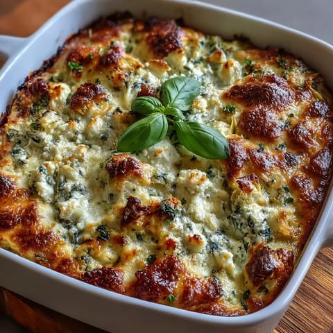Freshly baked High Protein Spinach Artichoke Bake served with a green salad.