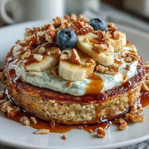 A warm Protein Pancake Bowl piled with Greek yogurt, fresh berries, and sliced banana for a hearty breakfast.