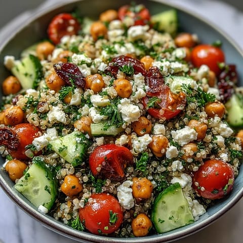 A vibrant bowl of High Protein Quinoa & Chickpea Salad topped with crumbled feta and fresh herbs.