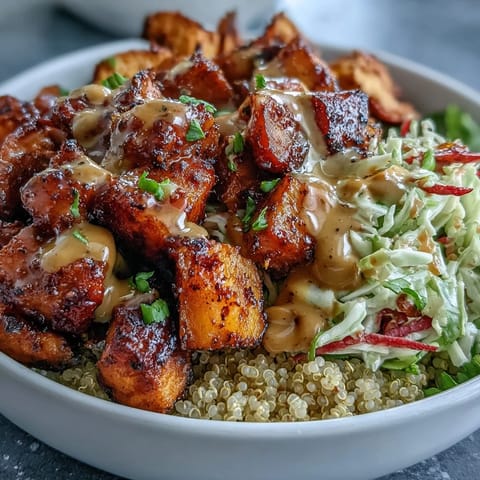 Golden roasted sweet potatoes and spiced chicken with tangy hot honey mustard dressing in a bowl.