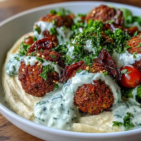 Crispy falafel bowl with hummus, tzatziki, and fresh salad greens for a healthy lunch.