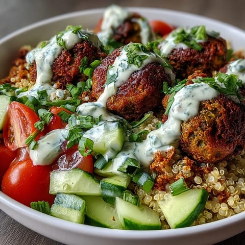 Crisp baked falafel rests on fluffy quinoa with cucumber, cherry tomatoes, and green onion in this wholesome Falafel Quinoa Salad Bowl.
