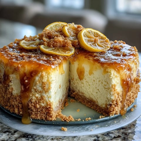 Layered lemon cheesecake in individual jars with graham cracker crust, garnished with vibrant raspberries and blueberries.