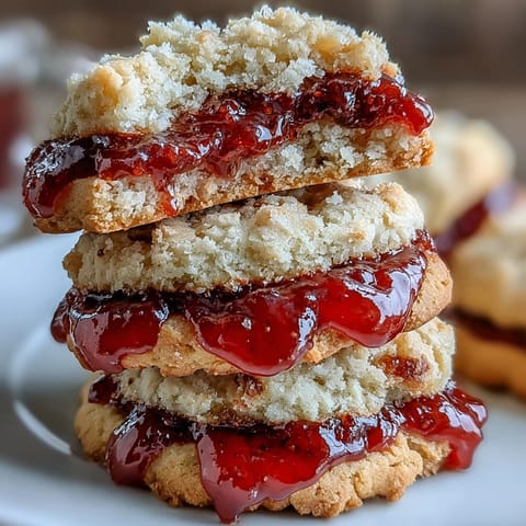 Fresh strawberry jam thumbprint cookies with golden edges and vibrant red centers, baked to perfection for a classic treat.
