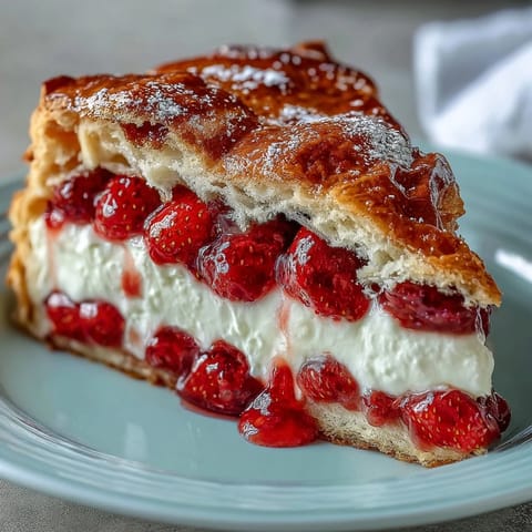 Rustic strawberry galette with frangipane, golden crust folded over juicy berries and almond cream filling.