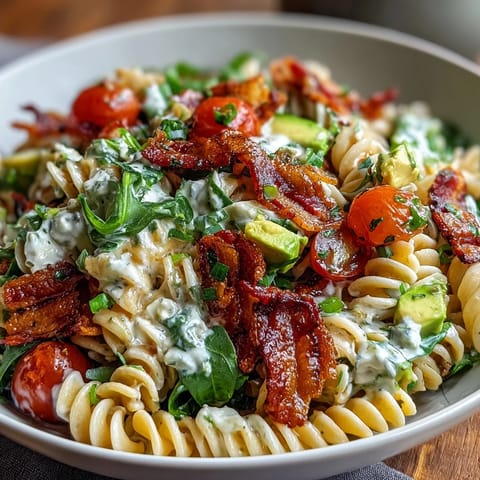 A vibrant BLT pasta salad with crispy bacon, creamy avocado, and juicy cherry tomatoes in a tangy dressing.