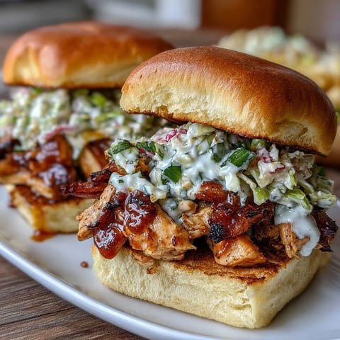 Savory shredded BBQ chicken piled high on slider buns, topped with crisp, colorful coleslaw for a summer feast.