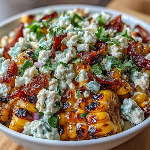 Colorful Mexican Street Corn Salad with charred sweet corn, creamy dressing, Cotija cheese, and fresh herbs in a vibrant bowl.